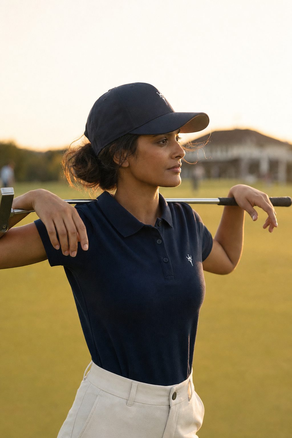 A player in the navy piqué polo, the Greenwich crown embroidered on the chest, at last light